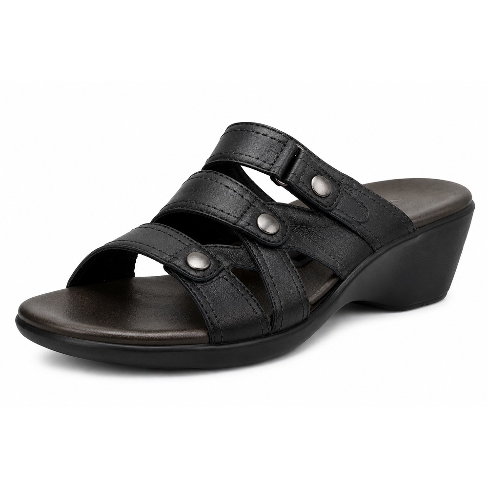 Clarks Bendables Black Leather Wedge Slide Sandals Womens 9.5 M comfort
